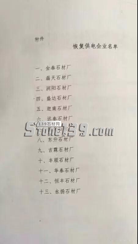 關于對象河鄉金泰石材廠等13家石材加工企業恢復生產用電的通知