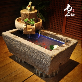 砂巖老石槽魚缸石盆流水組合聚財景觀拴馬樁搭配藝術空間擺設工藝