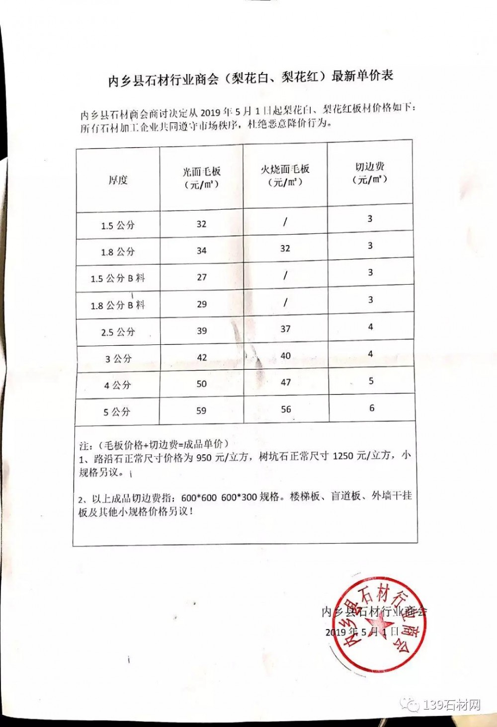 內鄉石材（梨花白、梨花紅）價格表